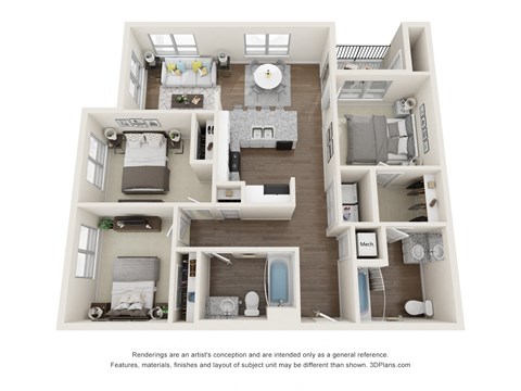 Floor plan for 3 beds, 2 baths, 1050 sqft